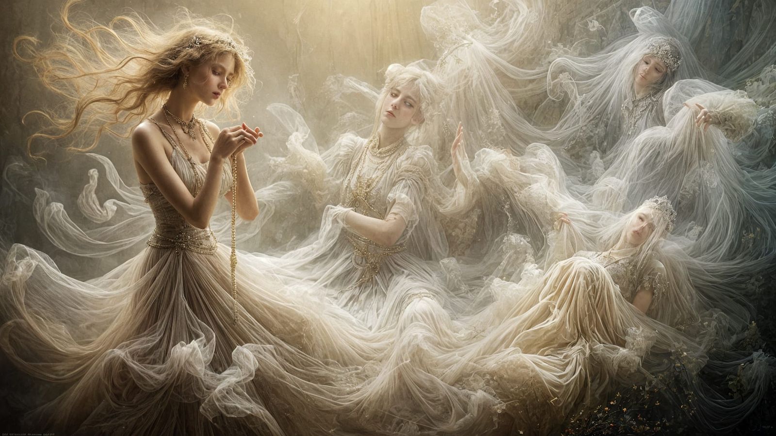 Surreal Princess in Diaphanous Mist, Praying in Ethereal Lan...