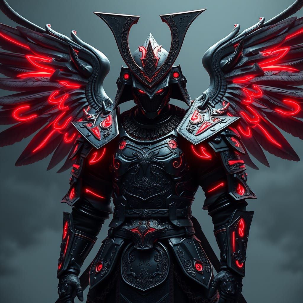 Cyberpunk Samurai Warrior with Dark Armor and Glowing Red Li...