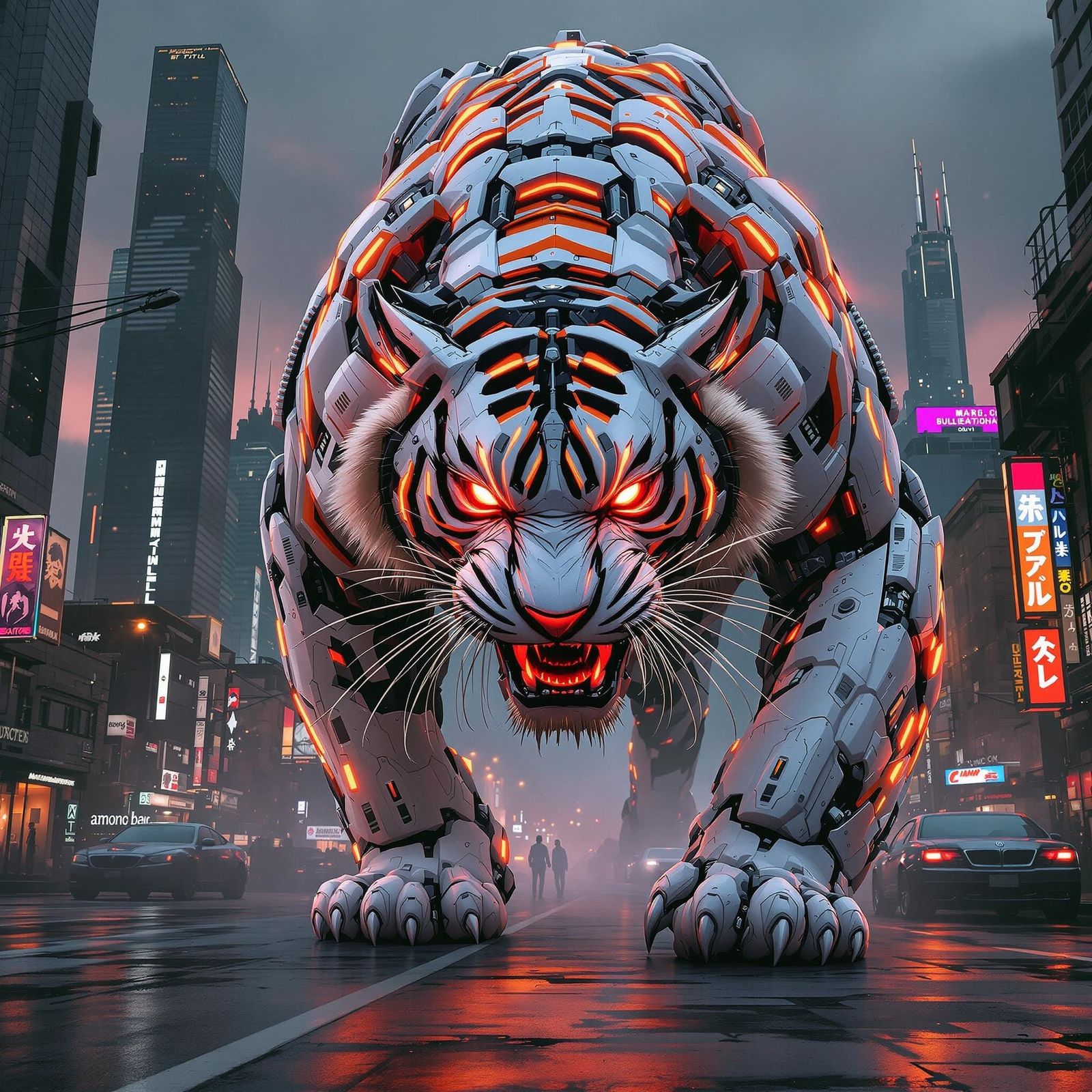 Furious Cyberpunk Cyborg Tiger in Apocalyptic Cityscape