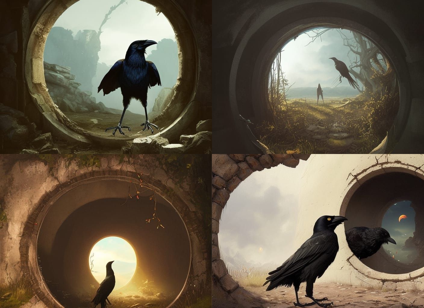 Crow Gazing Through Portal: Hyperdetailed Digital Art
