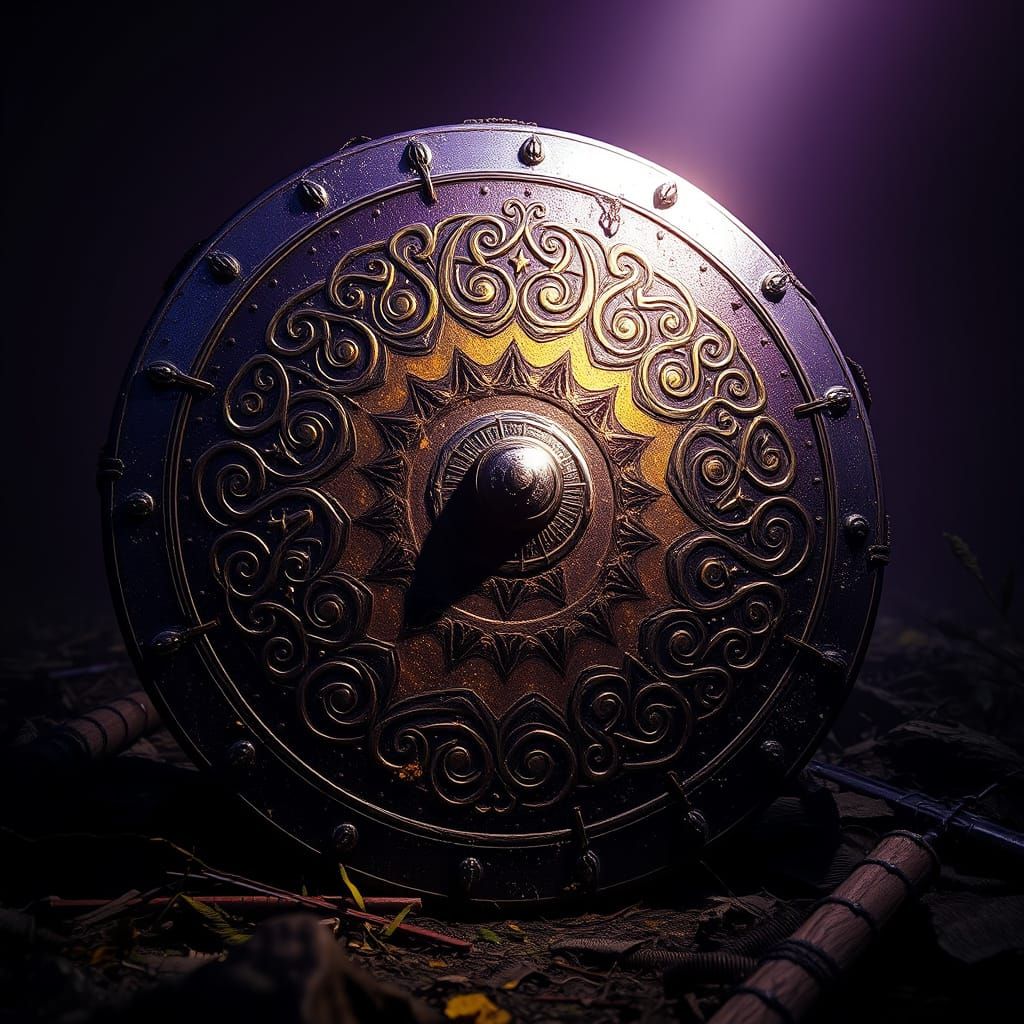 Battle-Worn Shield Illuminated by Ethereal Light