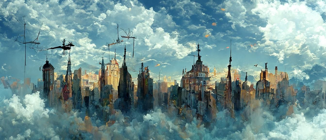 Steampunk Flying City at Sunset in Digital Matte Painting