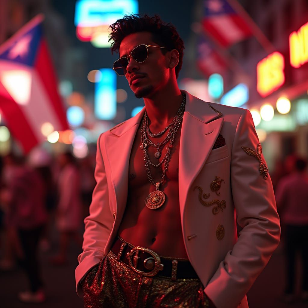 Elegant Latin Singer in Urban Nightlife Scene