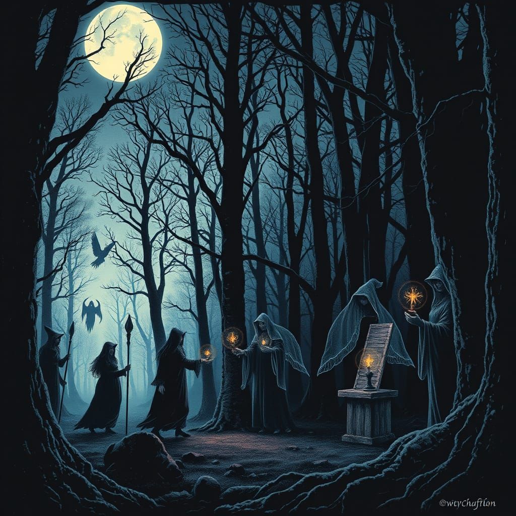 Witches in Moonlit Forest Casting Spells