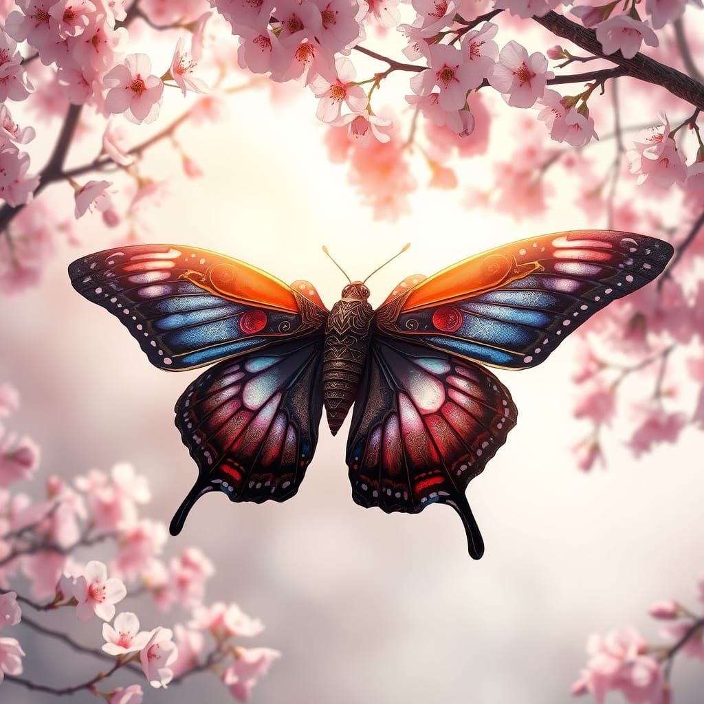 Butterfly in Feudal Japan Cherry Blossom Garden