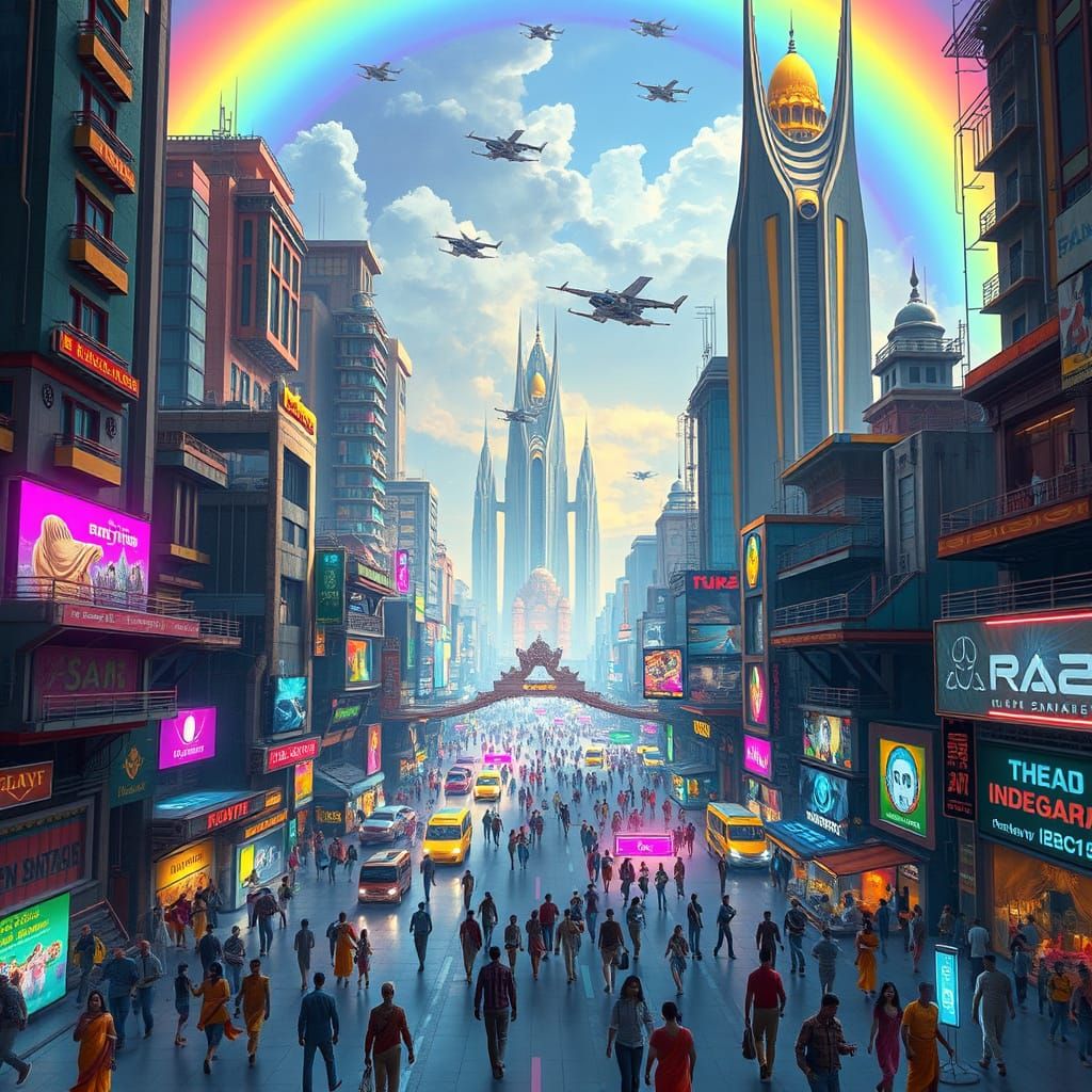 Futuristic Indian Cityscape in Vibrant Double Rainbow Hues