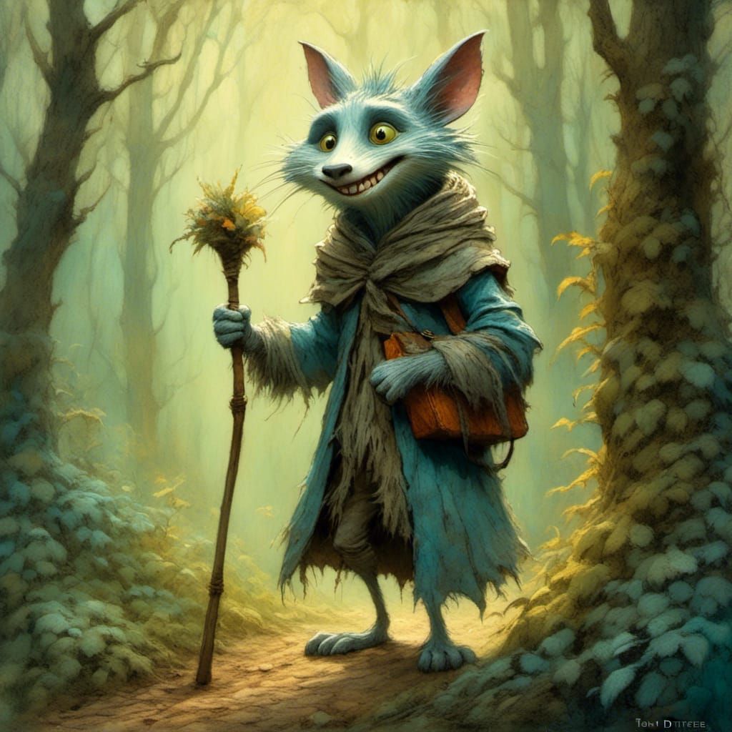 Happy Furry Creature in Forest, Painterly Style