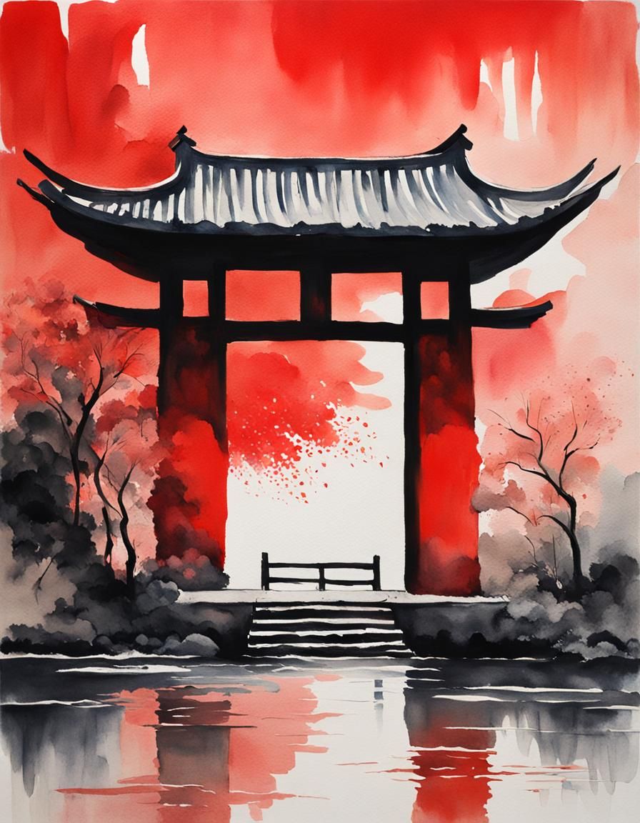 Minimalist Chinese Ink Painting of a Red Portal