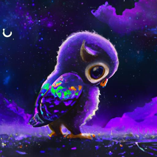 Purple Baby Owl in Starry Midnight Scene