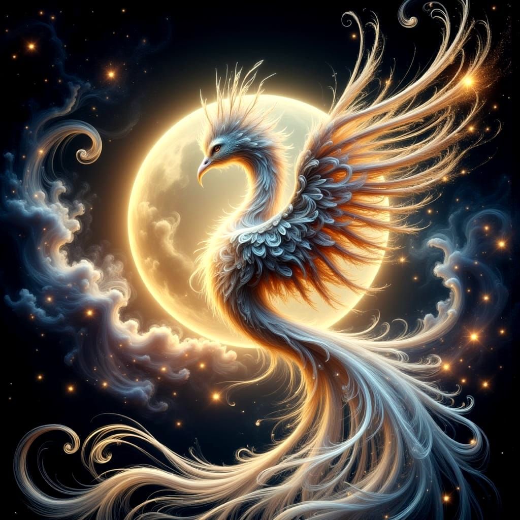 Celestial Hybrid Bird Embracing Glowing Moon in Nebula
