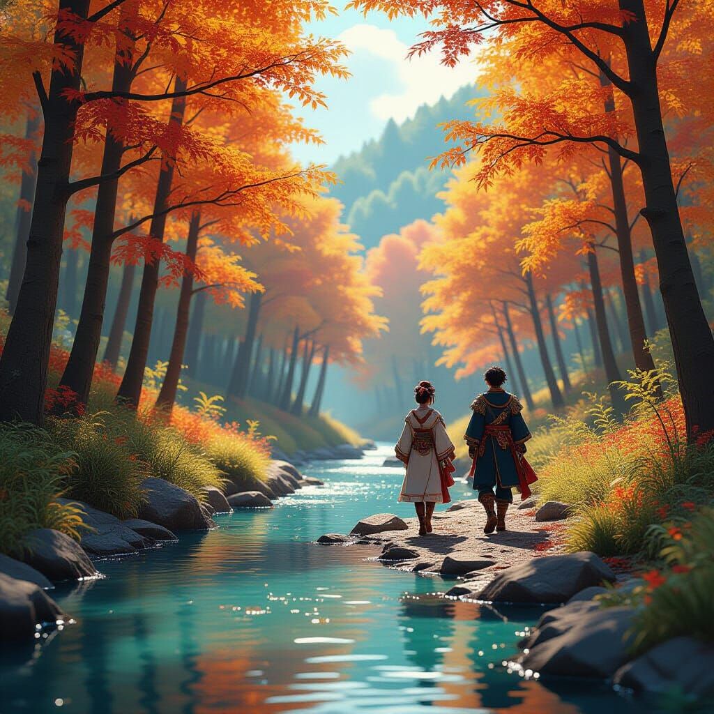 Anime Adventurers in Autumn Forest, 3D Rendered Art