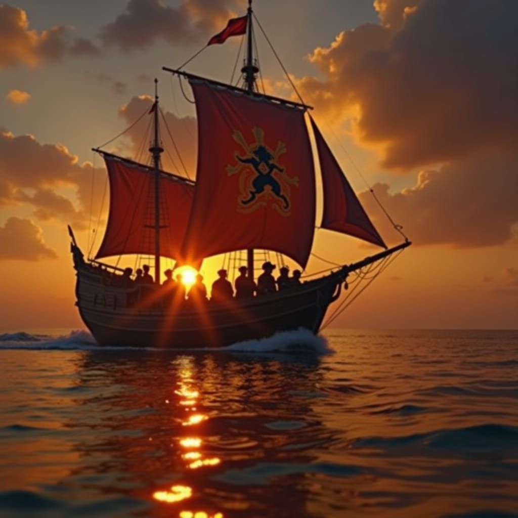 Medieval Ship at Sunset with Eccentric Travelers