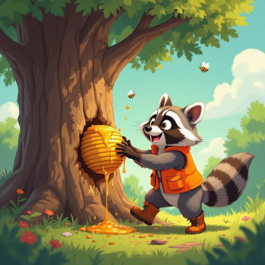 Joyful Raccoon Topples Beehive in Anime Style