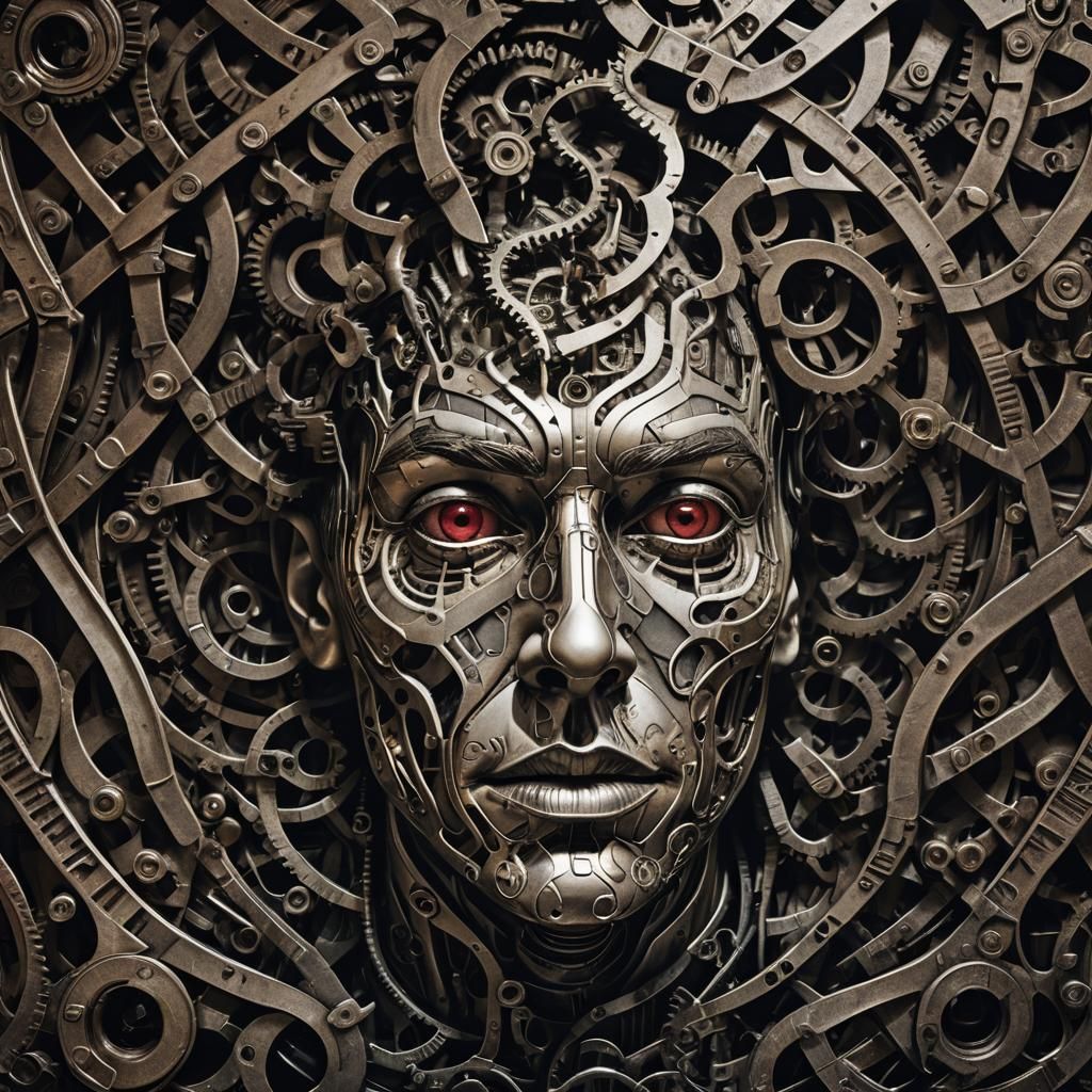 Surreal Geometric Face in Dark Machinery