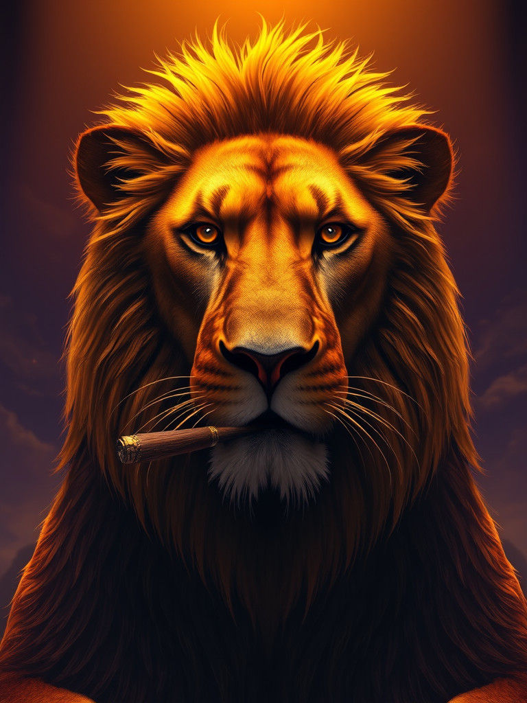 Lion with Cigar in Ornate Holder, Dark Fantasy Art