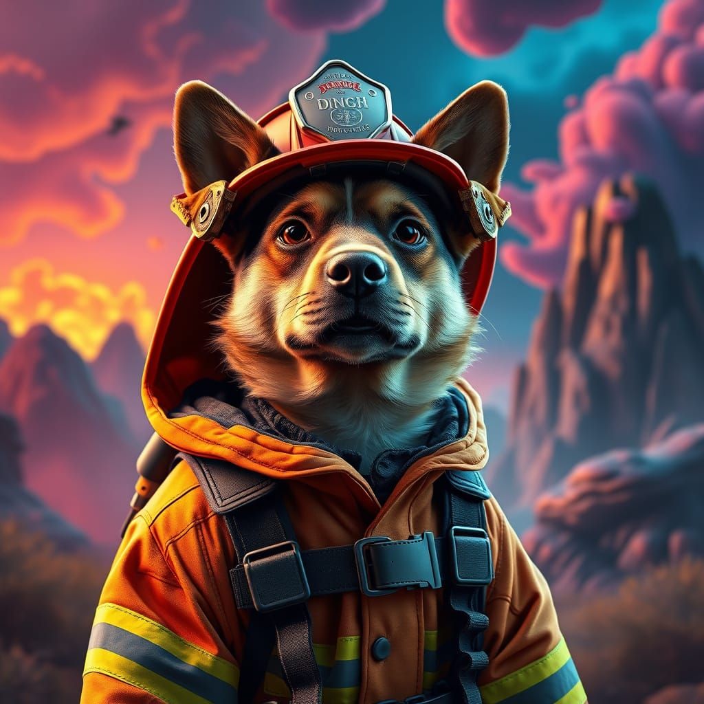 Dog Dressed as Firefighter in Vibrant, Fantastical Scene