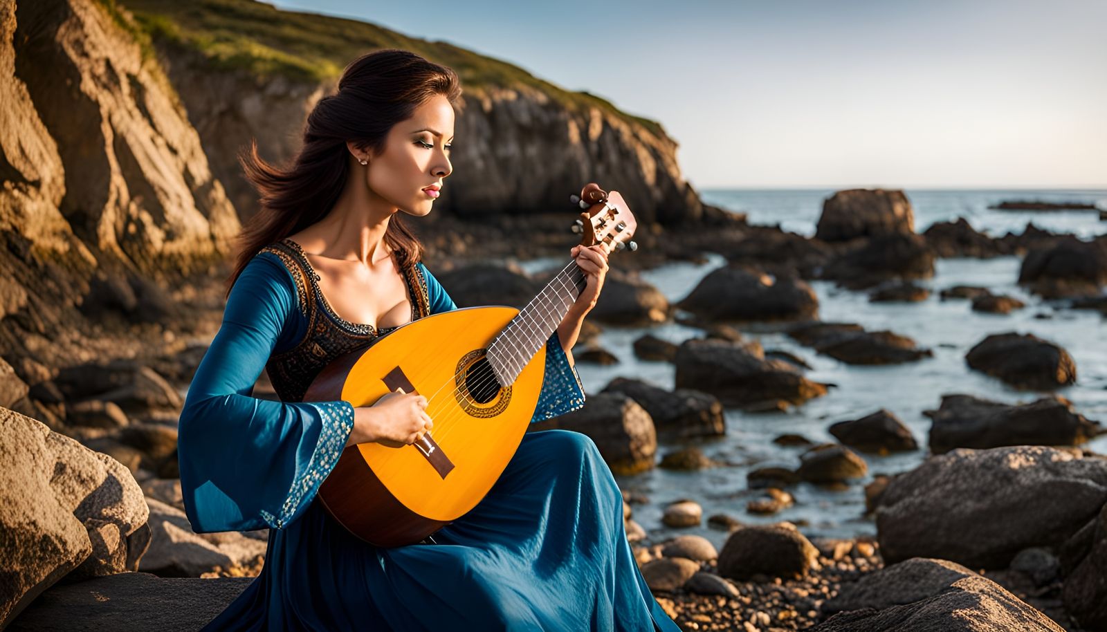 Woman Plays Lute on Rocky Beach: Sharp Focus