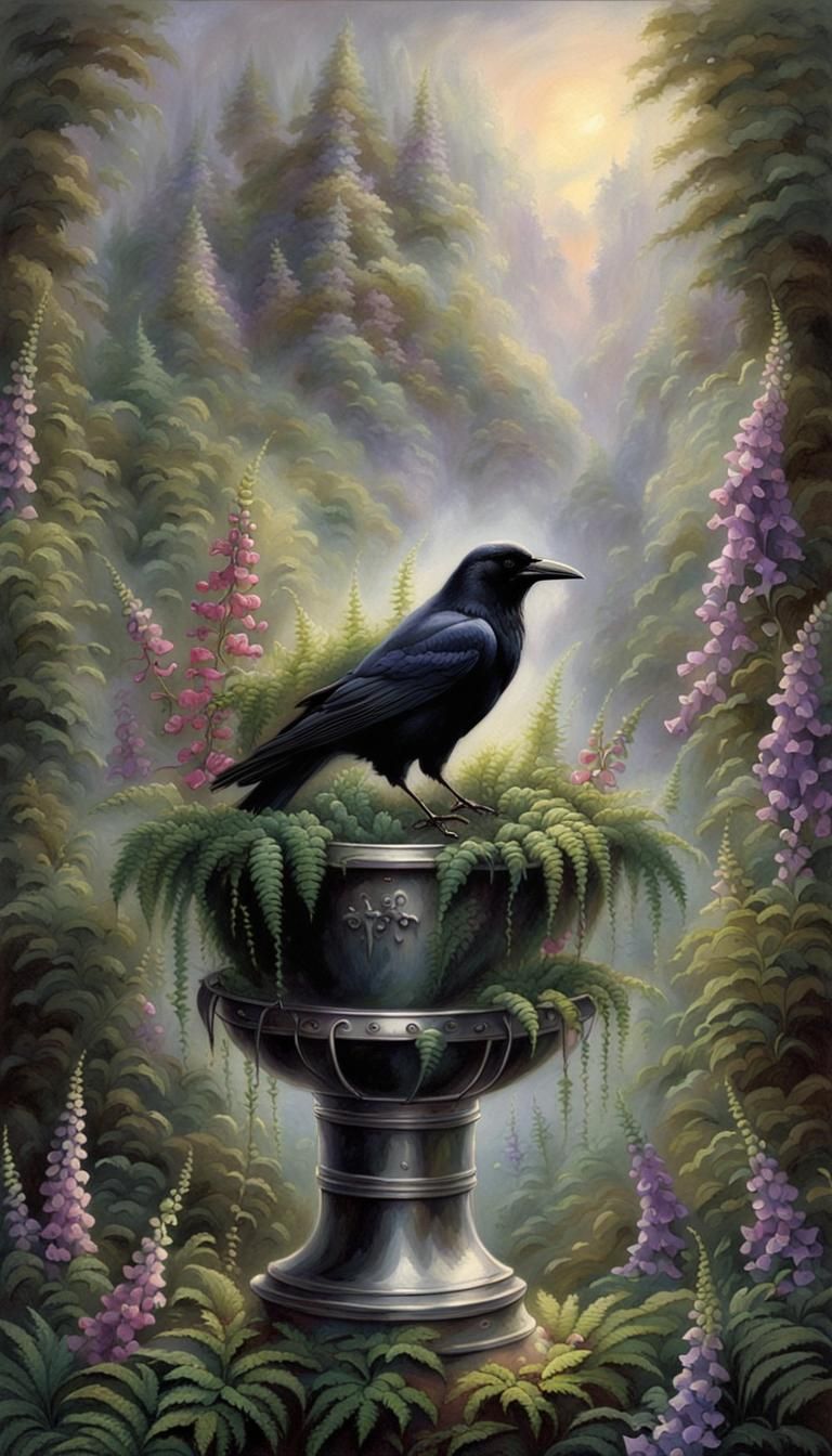 Crow and Cauldron in Ethereal Fantasy Setting