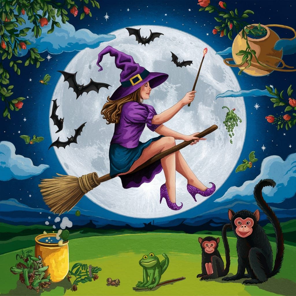 A surreal dreamscape of a Witch Flying upside down on a Broo...