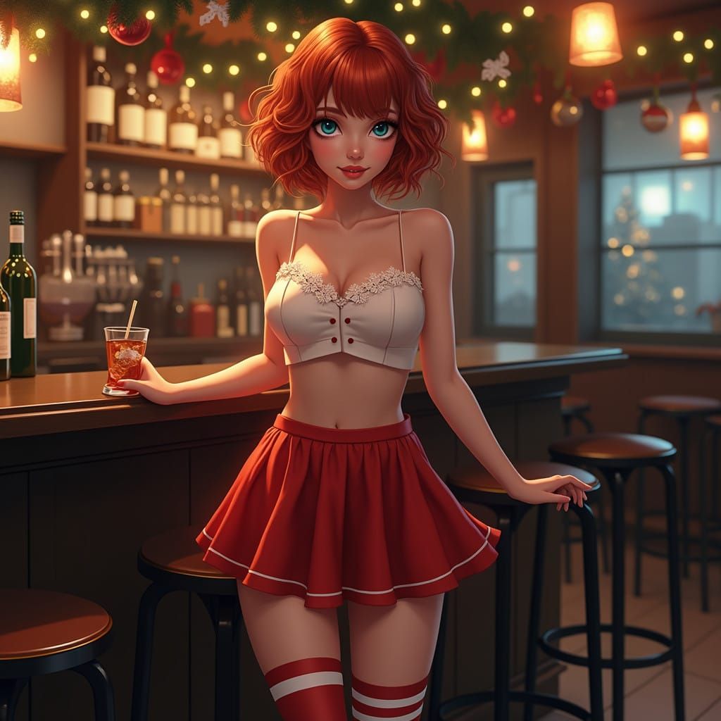 A Petite Redhead Posing in a Festive Bar