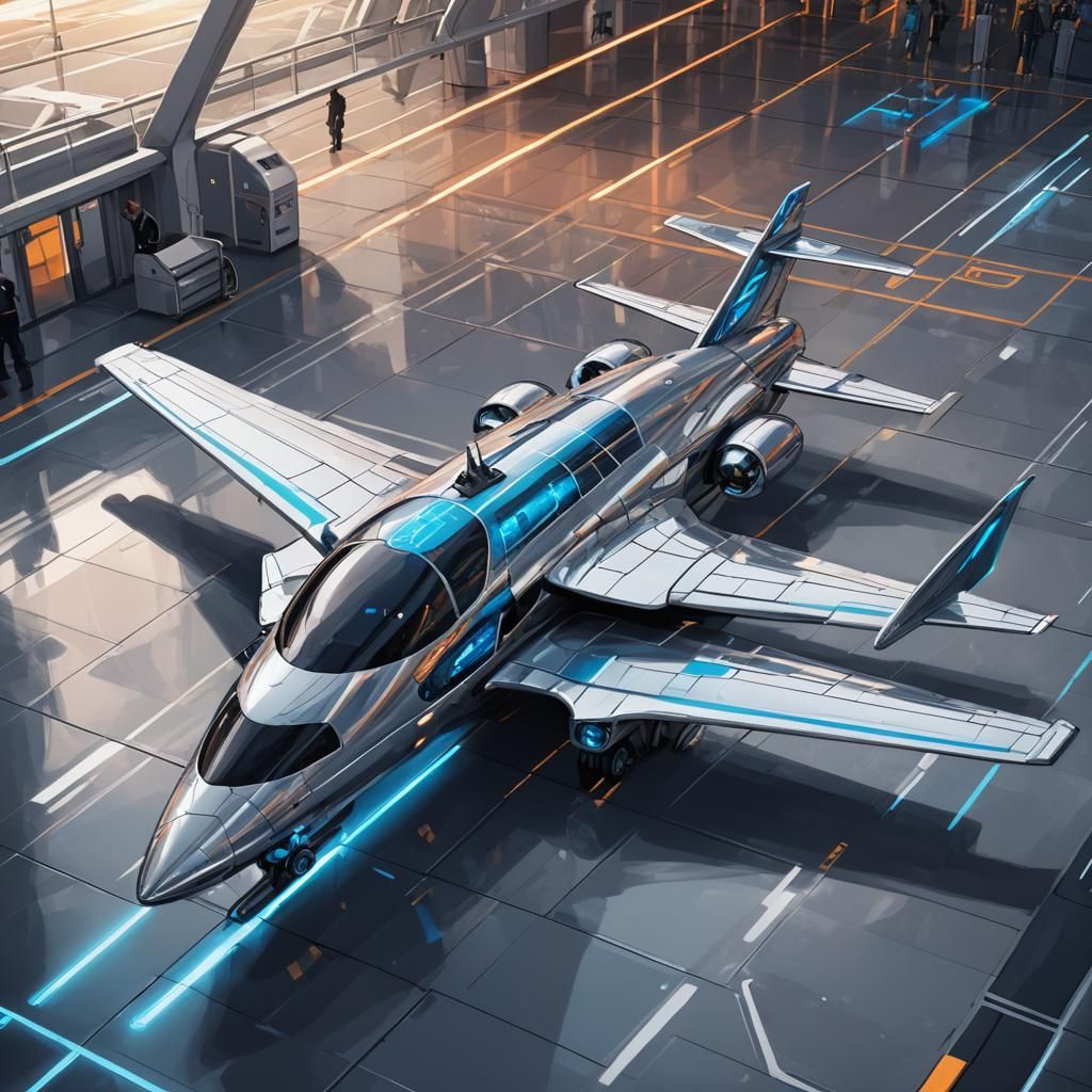 Futuristic Silver Plane at Neon Airport: Sci-Fi Concept Art
