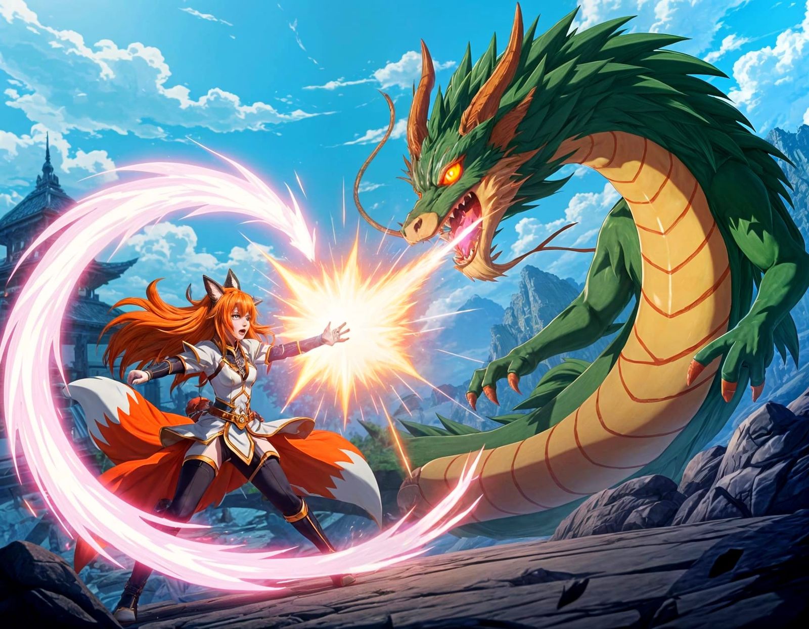 Anime Fox Sorceress Blasts Dragon in Dynamic Action