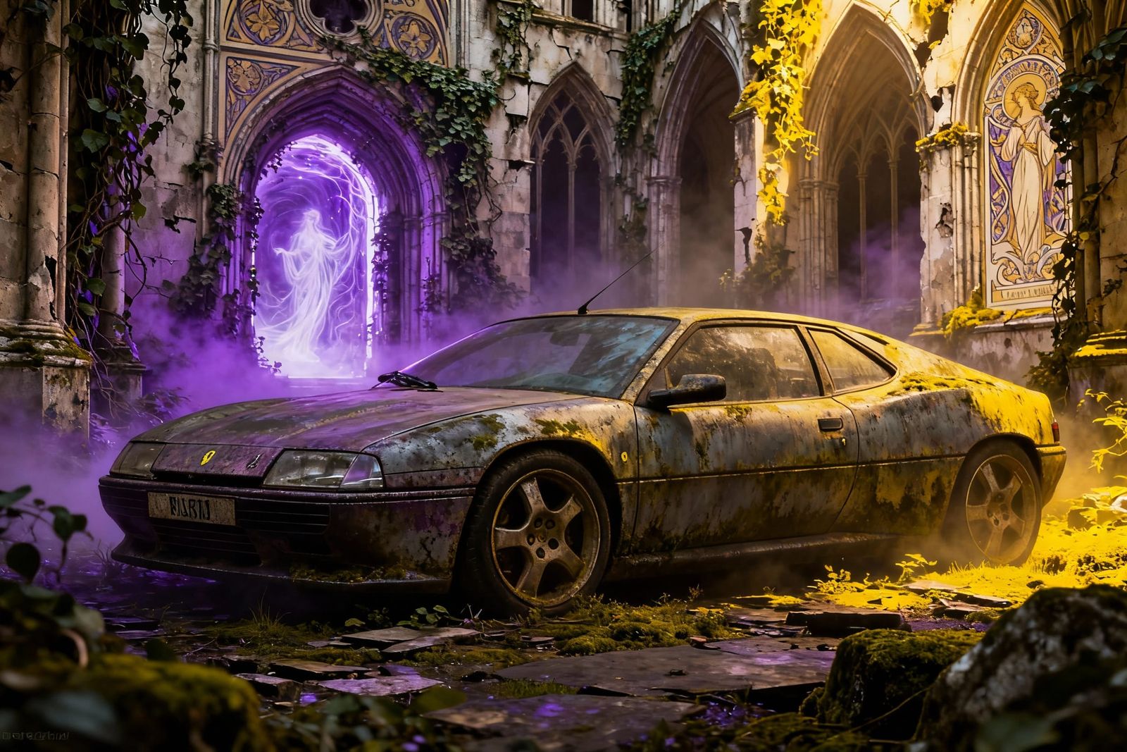 Dark Fantasy Ferrari in Gothic Ruins