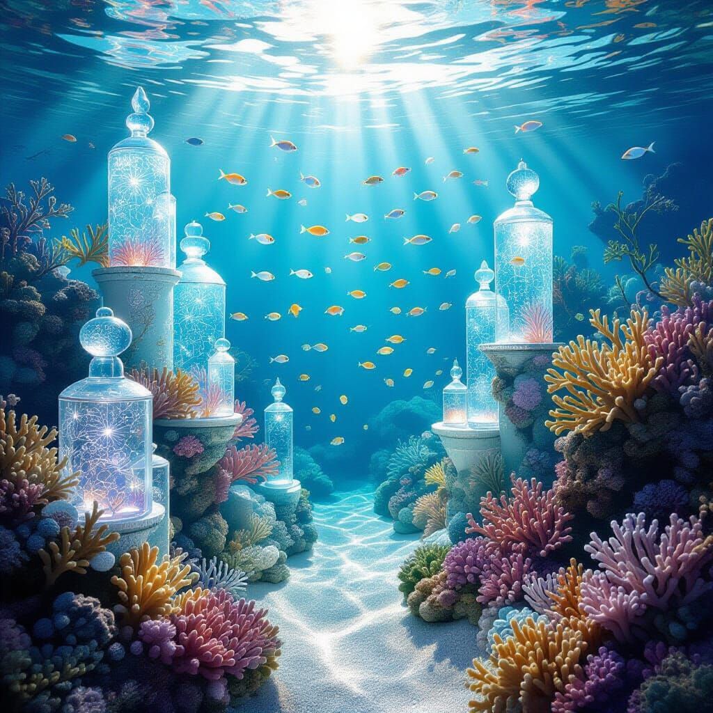 Ethereal Underwater Sea Glass Garden with Bioluminescent Fis...