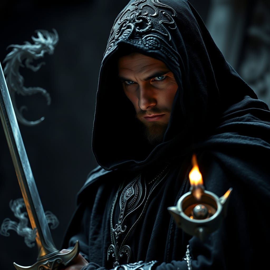 Dramatic Black Robed Mage Summons Darkness