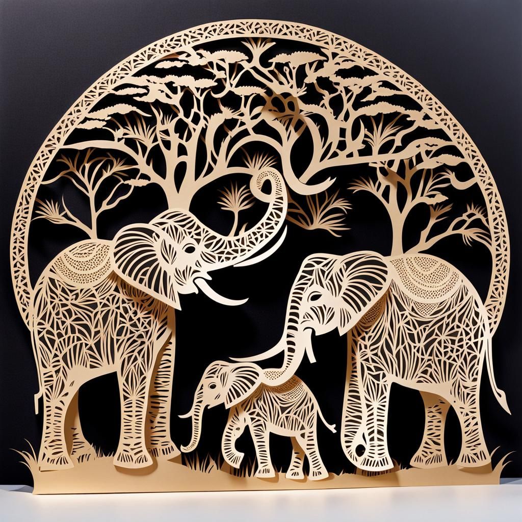 Intricate Paper Cut Elephants in Savannah Scene