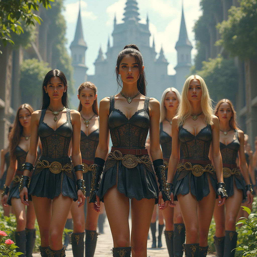 Empowered Women in Medieval-Futuristic Cityscape