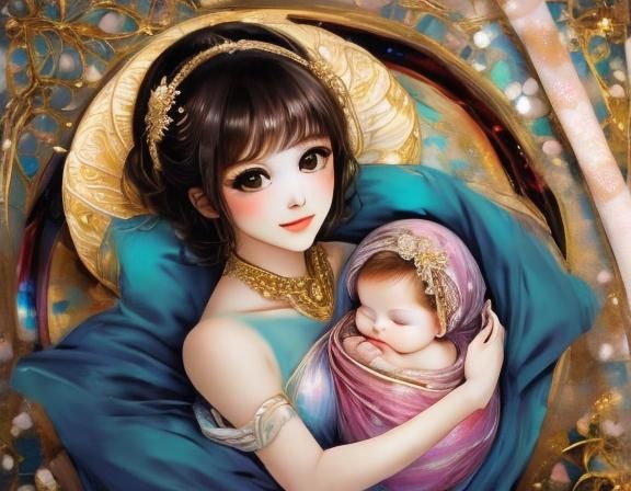 Chibi Girl with Baby in Art Nouveau Style