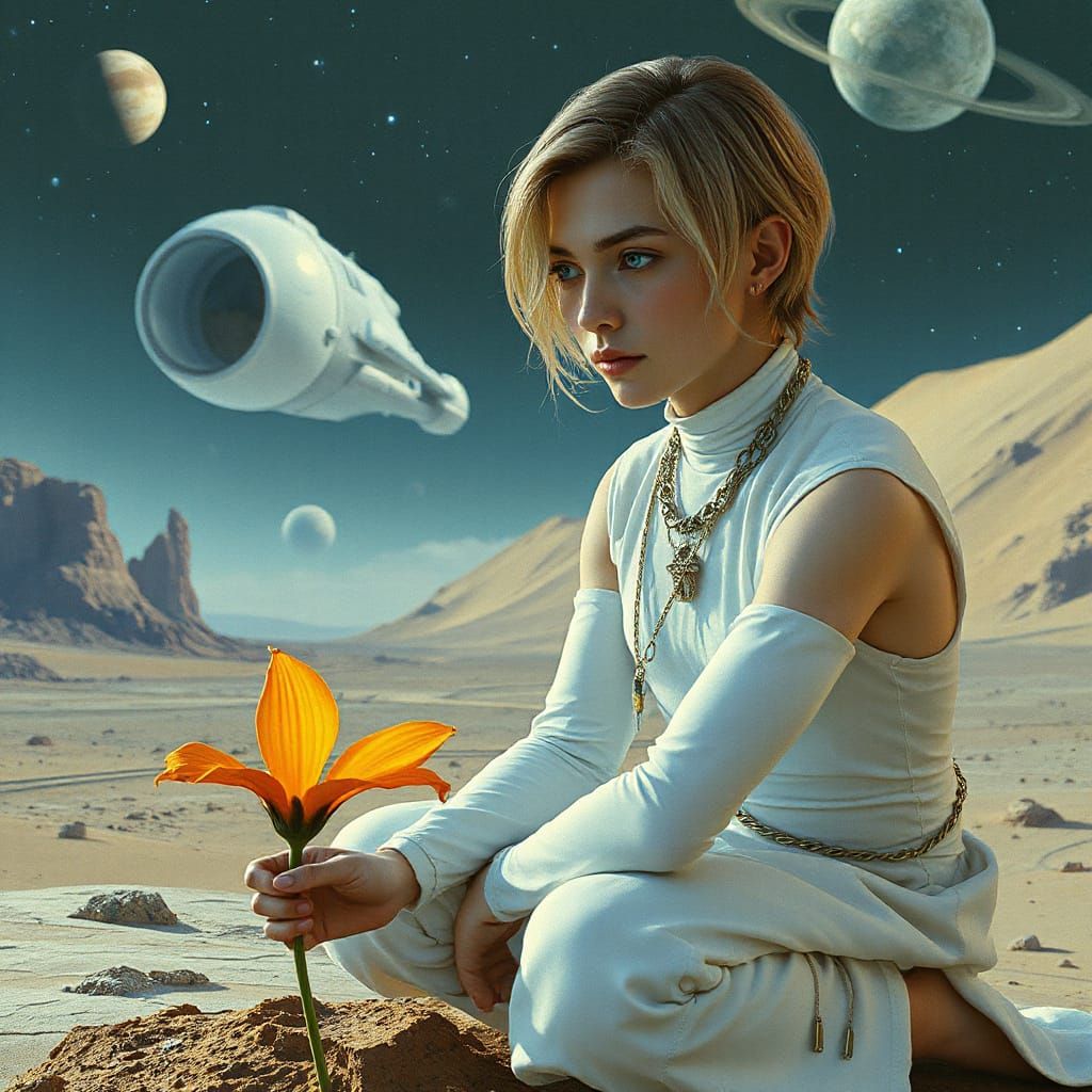 Cyborg Gazing at Flower on Alien Planet
