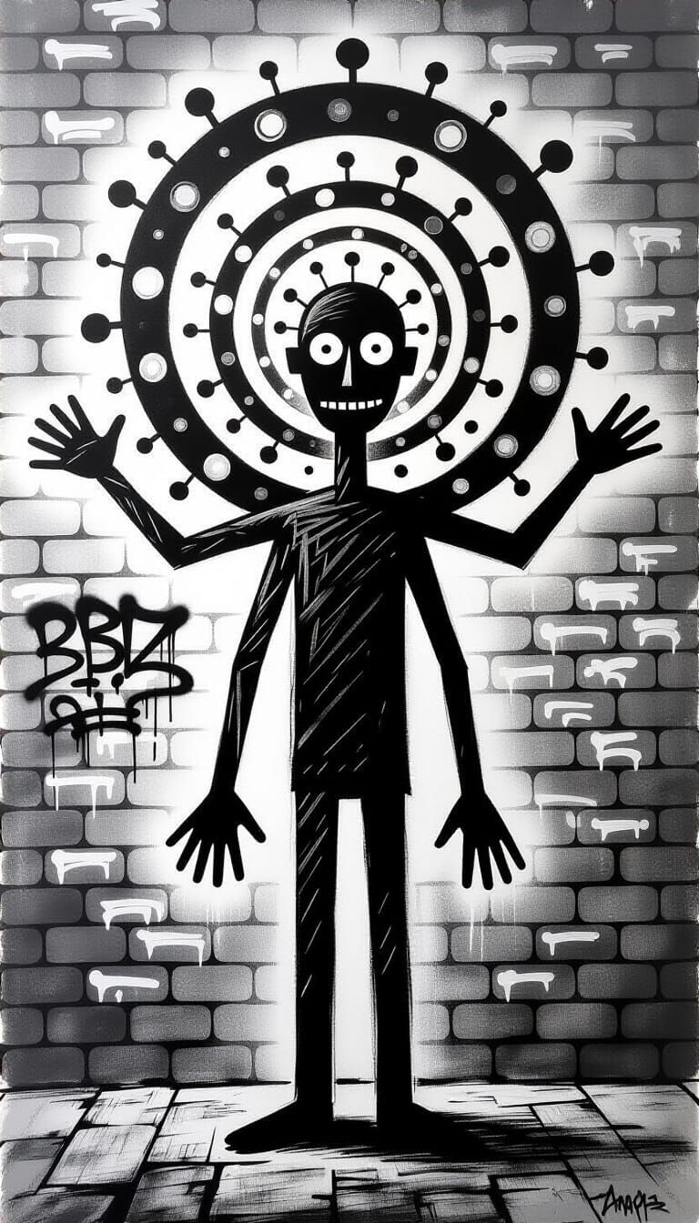 Charcoal Figure with Radiant Halo Head on Brick Wall