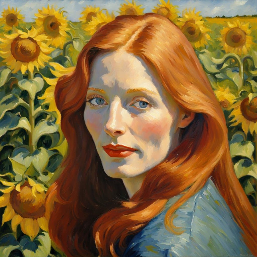Beautiful Red-Haired Young Woman in a Field of Sunflowers by...