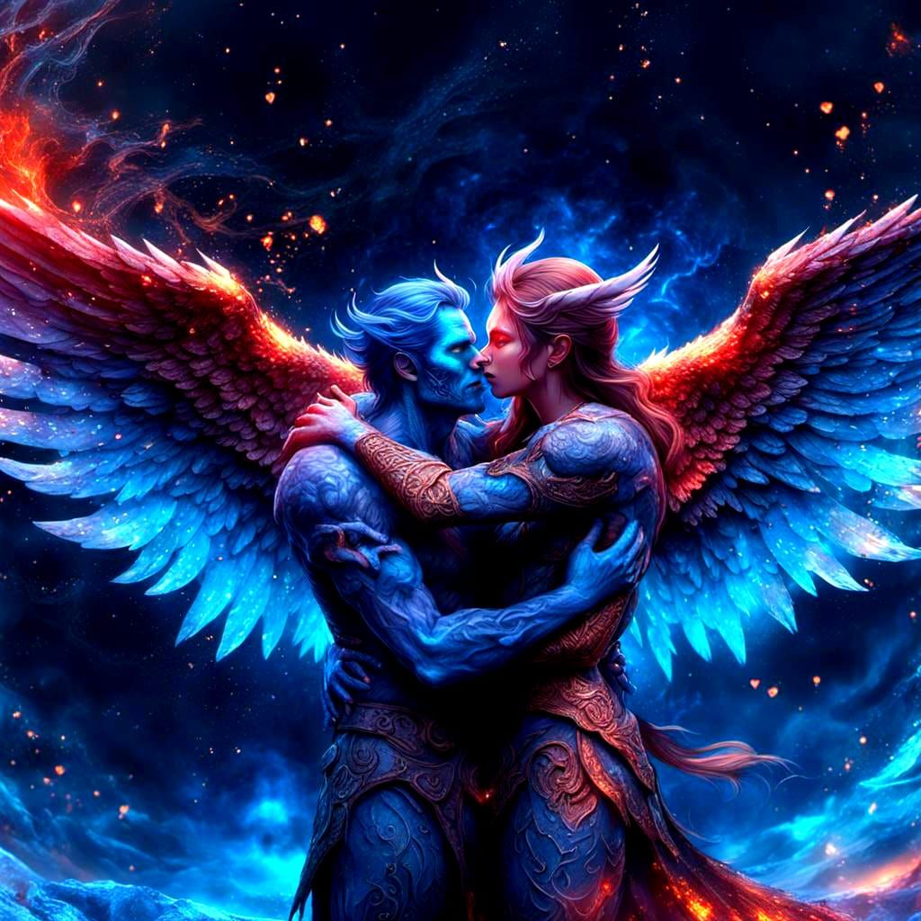 Demon and Angel Embrace: Fantasy Concept Art