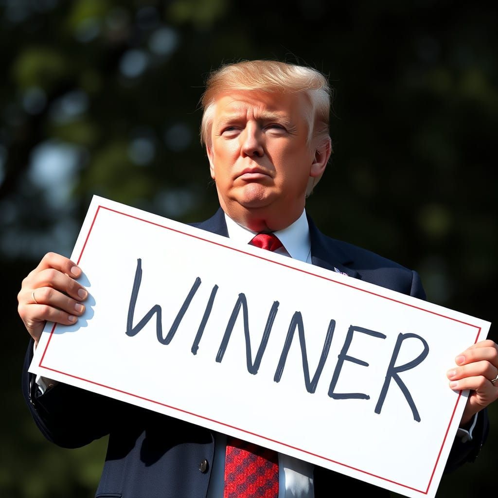 Donald Trump Holding a 'Winner' Sign in Professional Photogr...