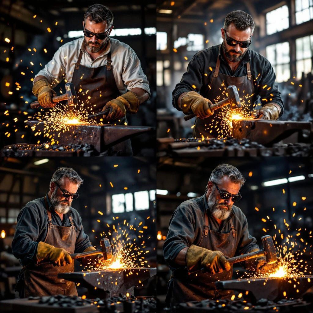 Blacksmith Forging Iron with Hammer and Flying Sparks