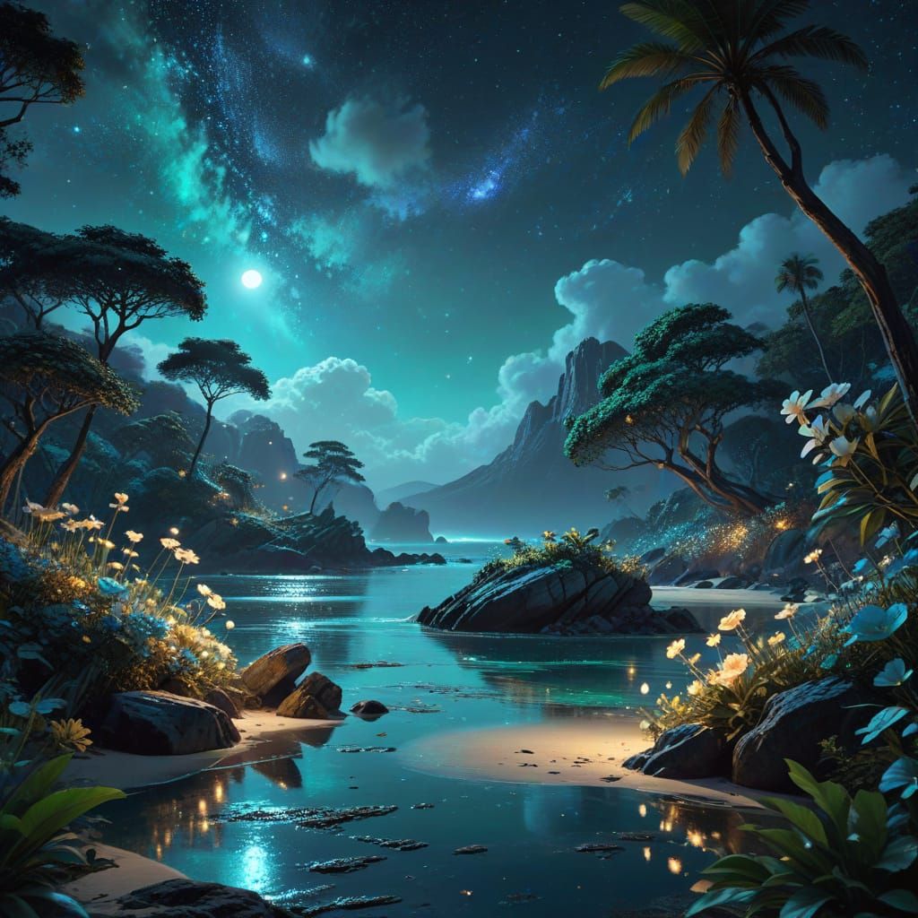 Moonlit Island Oasis in Dreamlike Digital Painting