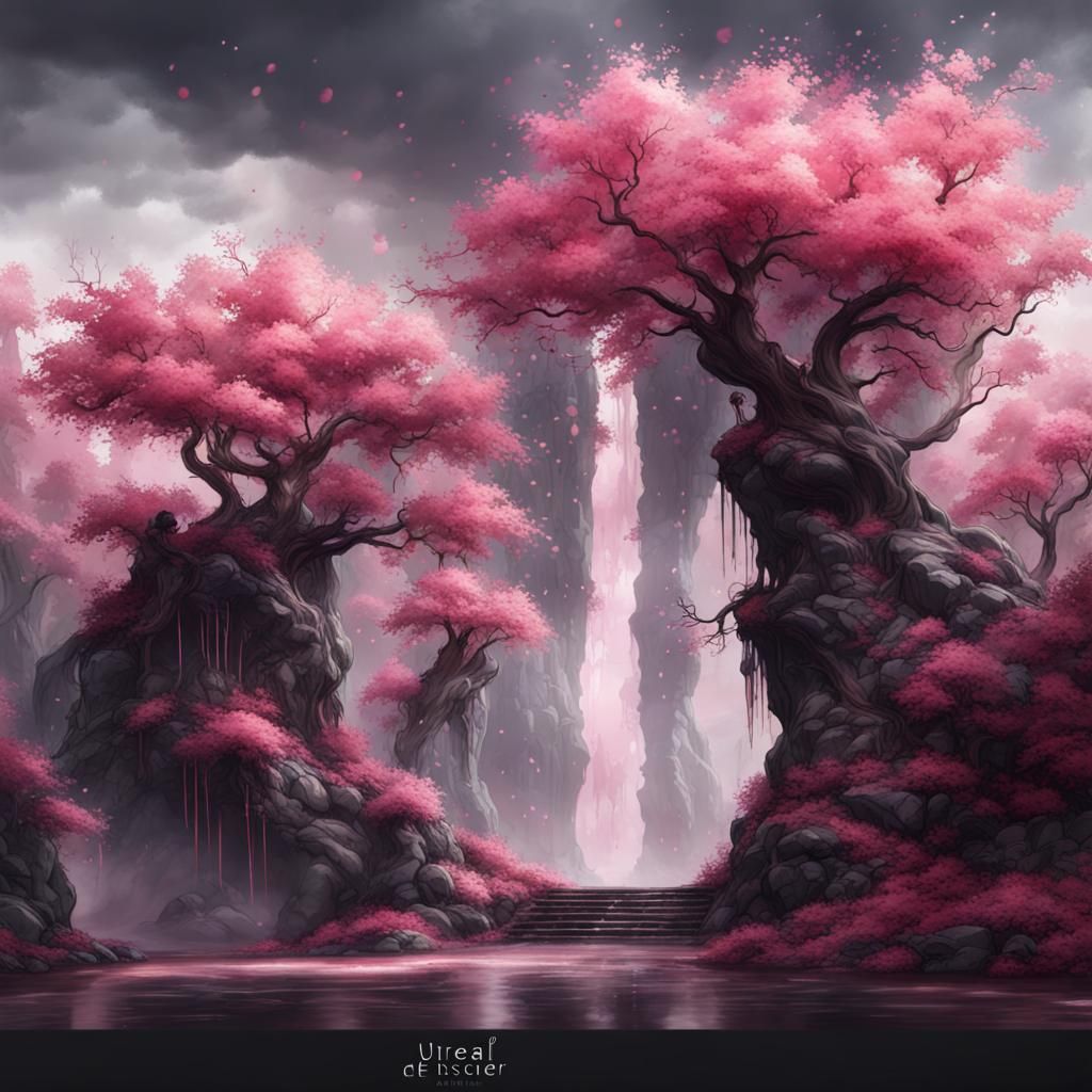 Pink and Black Cherry Blossom Waterfalls as Digital Art