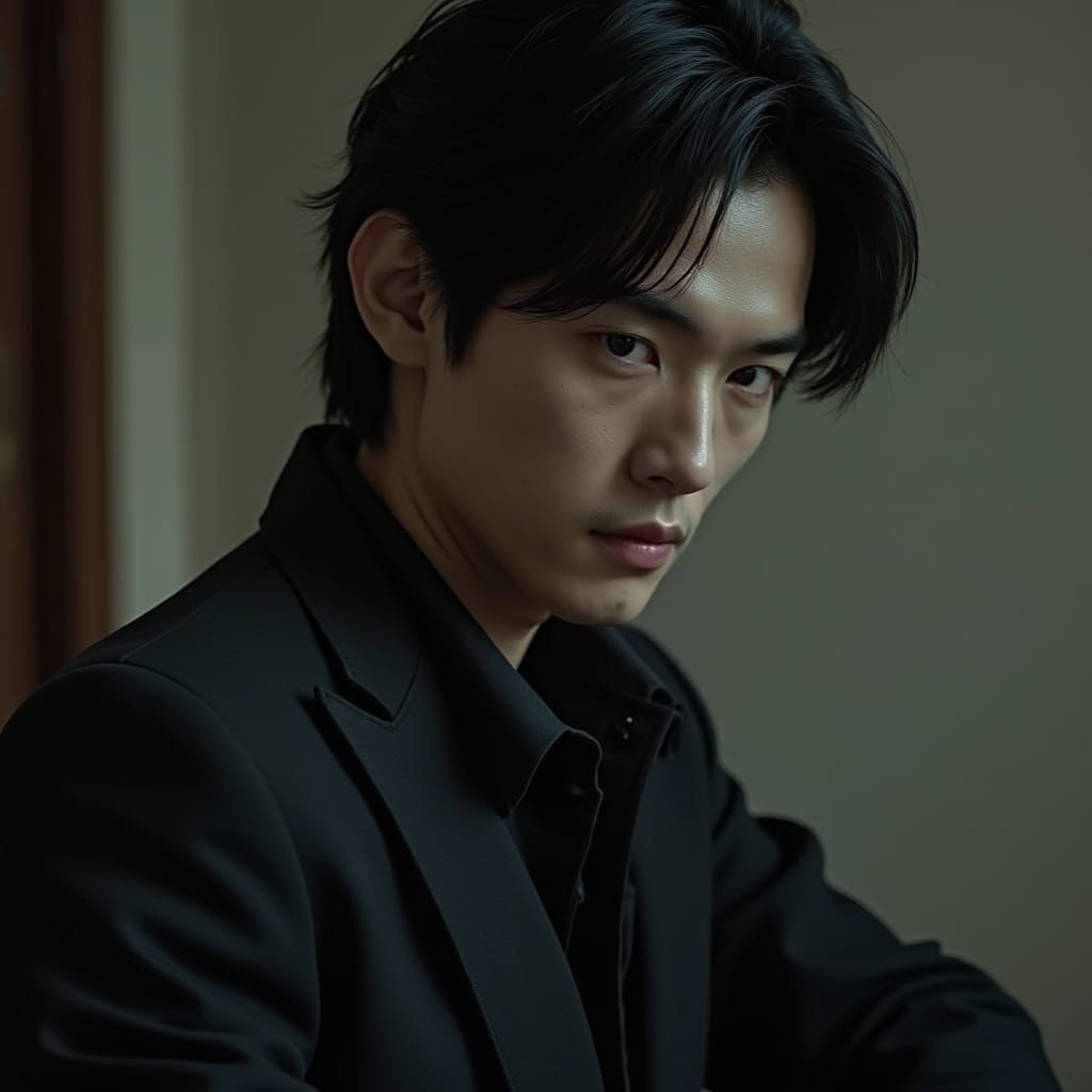 Tall, Sharp-Jawed Mastermind in Cinematic Film Still