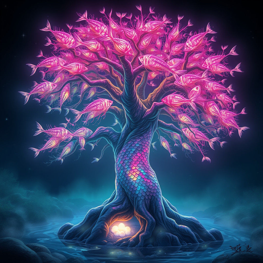 Mystical Glowing Tree with Fish Scales