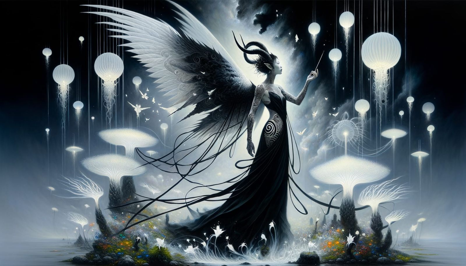 Valkyrie in Surreal Garden with Bioluminescent Flora