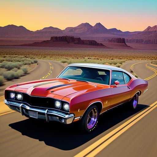 Classic Muscle Car on Desert Highway at Sunset