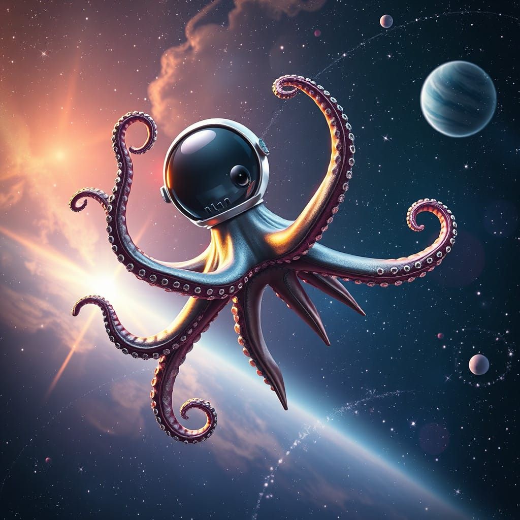 Whimsical Octopus Astronaut in Cosmic Dance