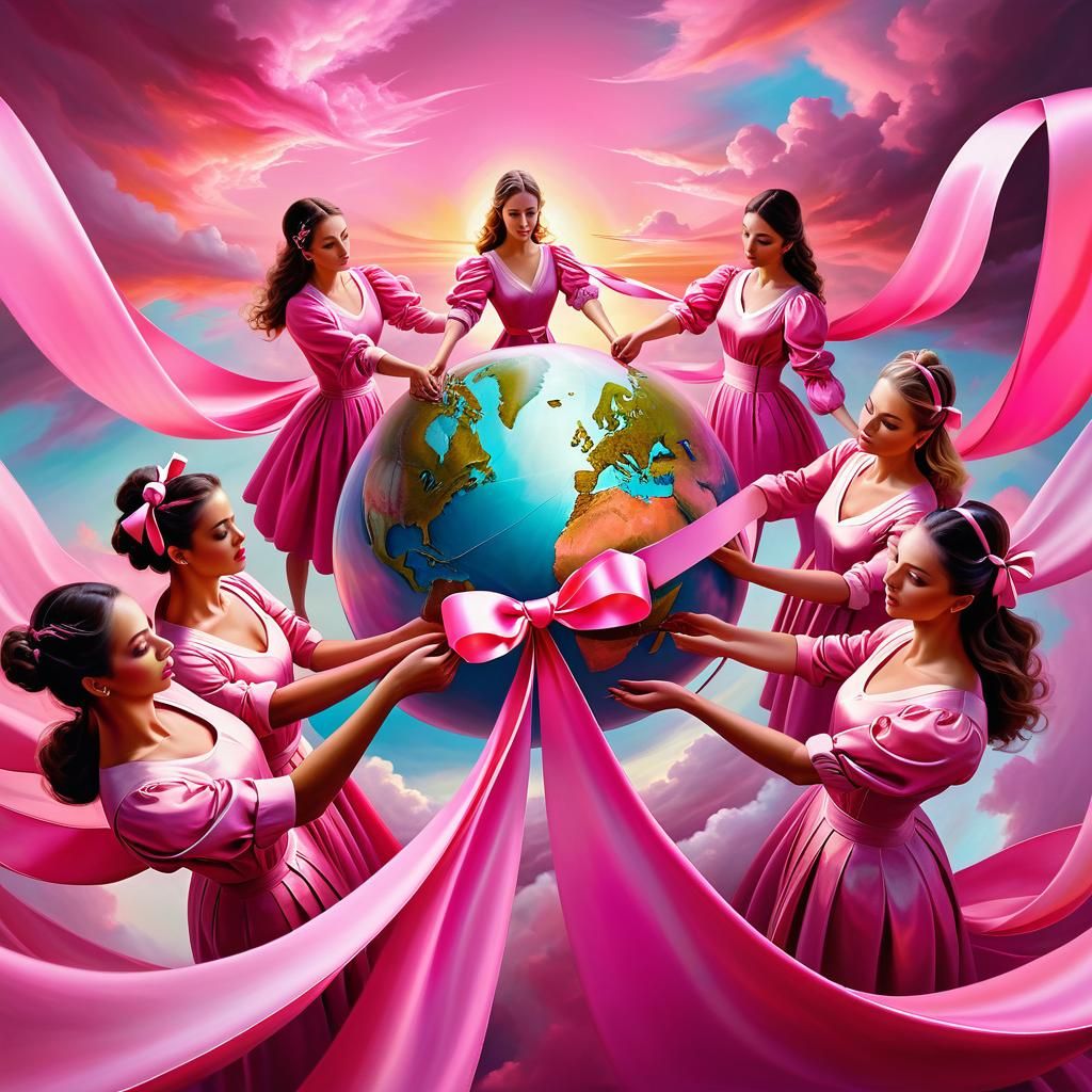 Pink Ribbon Around the World: Surreal Oil Painting