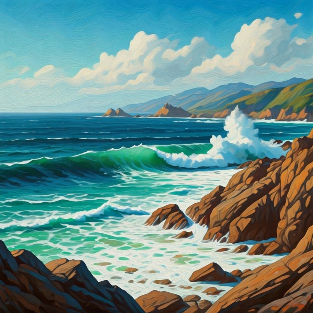 Coastal Waves Crashing in Impressionist Style