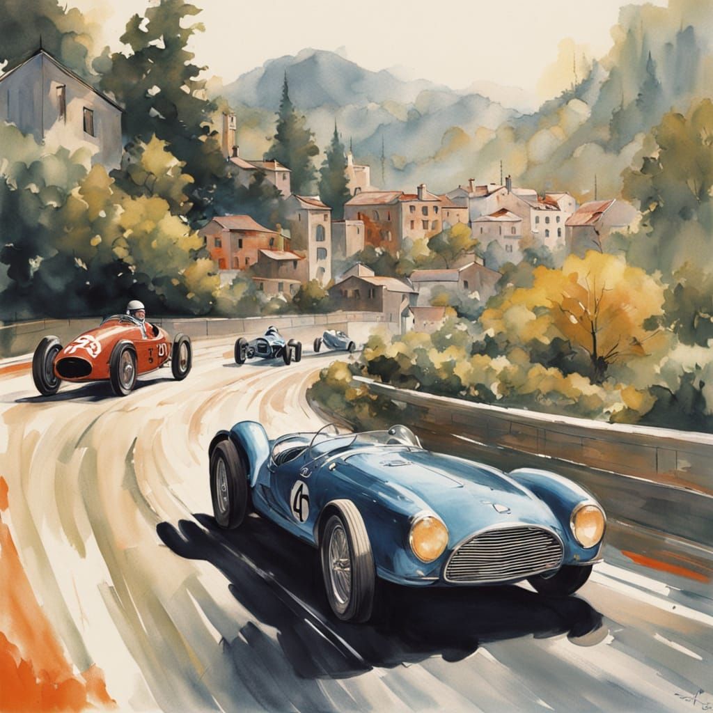 Vintage Racing Scene in Dynamic Watercolor Style