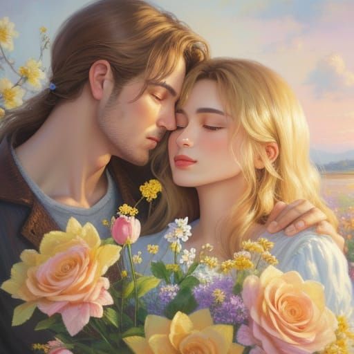 Romantic Couple Embracing as Oil Painting