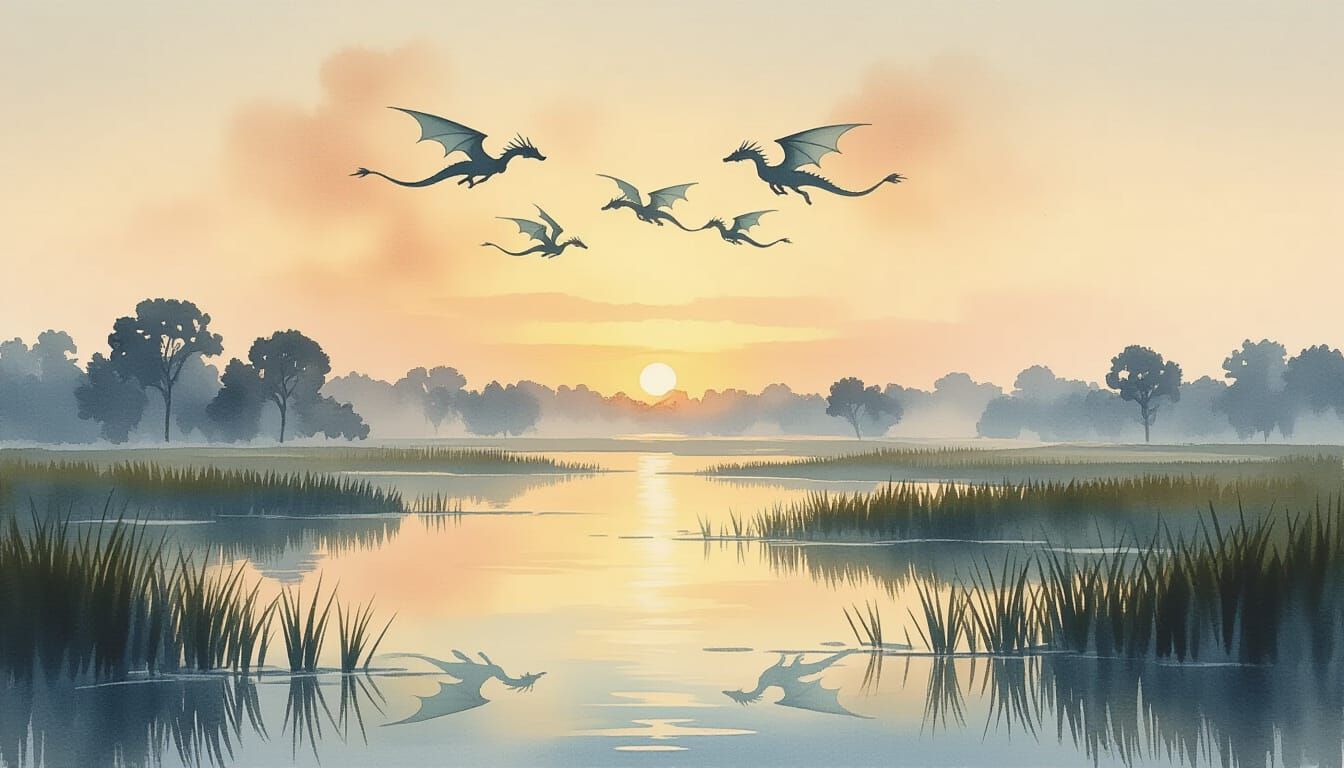 Wetlands At Dawn With Dragons In Watercolor Style